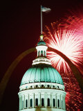 Fourth of July Fireworks Display over Arch and Old Courthouse Dome  St Louis  Missouri