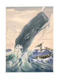Painting of a Sperm Whale Leaping After Being Struck with a Harpoon