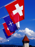 Canton Flags with Balloon in Distance at Kapellbrucke  Lucerne  Lucerne  Switzerland