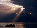 Yacht on Mediterranean with Mountain Backdrop and Storm Clouds  Antalya  Antalya  Turkey