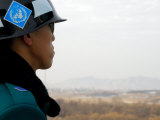 South Korean Rok Soldier in Joint Security Area Looking to the North Across Dmz  Seoul  South Korea