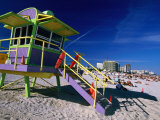 People on Beach Near Colourful Lifeguard Station  South Beach  Miami  Florida