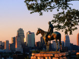 City Skyline Seen from Penn Valley Park  with Indian Statue in Foreground  Kansas City  Missouri