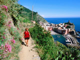 Hiker on Trail Above Town  Cinque Terre  Vernazza  Liguria  Italy