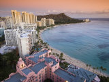 Waikiki Beach with Royal Hawaiian Hotel and Diamond Head at Sunset  Oahu  Hawaii