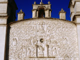 Upper Front Facade with Stucco Relief Saints of Village Church  Yanque  Arequipa  Peru