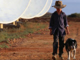 Boy with Dog Walking Past Solar Energy Dishes  New South Wales  Australia