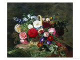 Basket of Roses  Dahlias and Morning Glory with Honeysuckle