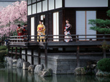 Mother and Daughter at Shobi-Kan Teahouse  Garden at Heian Shrine During Cherry Blossom Festival