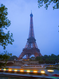 Early Evening View of Eiffel Tower and Tour Boats on the Seine River  Paris  France