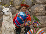 Woman with Llama  Boy  and Parrot  Sacsayhuaman Inca Ruins  Cusco  Peru
