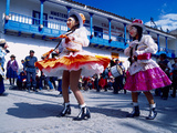 Girl Dancers in Costumes and Masks During Festival Parade  Chinceros  Peru