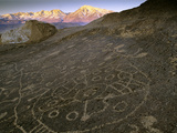 Circular Petroglyphs at the Edge of the Great Basin  Sierra Nevada Range in the Distance  Las Vegas