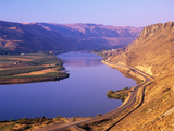 Columbia River with Apple Orchards and Desert Hills  Chelan  Washington  USA