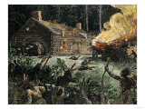 Native Americans' Night Attack  Setting a Pioneer Log Cabin on Fire