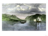 Henry Hudson's Ship  Half Moon  Meets Native Americans in the Hudson River Highlands  c1609