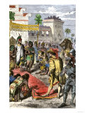 Meeting of Hernando Cortes and Aztec Emperor Montezuma II in Tenochtitlan  c1519