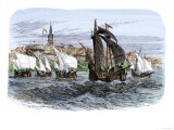 Cartier's Ships Leaving St Malo  France  to Sail for North America  c1530