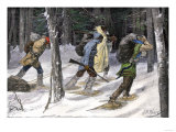 Native American Trappers Carrying Furs on Snowshoes in a Forest of the Pacific Northwest