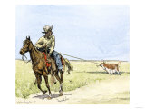 African-American Cowboy Pulling a Longhorn Out of the Mud