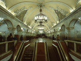 Interior of a Metro Station  with Ceiling Frescoes  Chandeliers and Marble Halls  Moscow  Russia