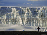 Glacier and Trekker from Summit at Uhuru Peak  Kilimanjaro National Park  Tanzania  Africa