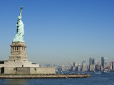 Statue of Liberty  Liberty Island and Manhattan Skyline Beyond  New York City  New York  USA
