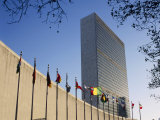 Line of Flags Outside the United Nations Building  Manhattan  New York City  USA