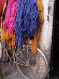 Brightly Dyed Wool Hanging Over Bicycle  Marrakech  Morrocco  North Africa  Africa