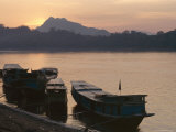 Boats on the Mekong River at Sunset  Luang Prabang  Laos  Indochina  Southeast Asia  Asia