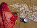 Woman Painting a Mandala Design on the Ground  Near Jodhpur  Rajasthan  India