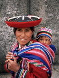Portrait of a Local Woman in Traditional Dress  Carrying Her Baby on Her Back  Near Cuzco  Peru