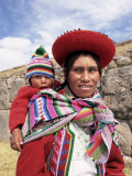 Portrait of a Local Woman in Traditional Dress  Carrying Her Baby on Her Back  Near Cuzco  Peru