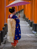 Portrait of a Geisha Holding an Ornate Umbrella at Fushimi-Inari Taisha Shrine  Honshu  Japan