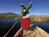 Portrait of a Uros Indian Woman on a Traditional Reed Boat  Lake Titicaca  Peru