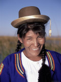 Head and Shoulders Portrait of a Smiling Uros Indian Woman  Lake Titicaca  Peru