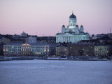 Dusk Light on Lutheran Christian Cathedral in Winter Snow  Across the Frozen Baltic Sea  Finland