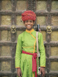 Portrait of a Boy in a Turban Standing in Front of a Wooden Door  Rajasthan State  India