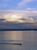 Small Fishing Boat Moving Down Giant River  Amazon River  Peru  South America
