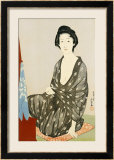 A Beauty in a Black Kimono with White Hanabishi Patterns Seated Before a Mirror