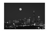 Chicago Skyline & Full Moon In Black & White