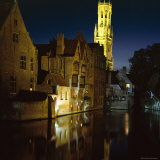 The Belfry of Belfort-Hallen Illuminated at Night  Bruges  Unesco World Heritage Site  Belgium