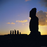 Silhouette of Ahu Tahai in Foreground and Behind the Five Moai of Ahu Vai Uri  Easter Island