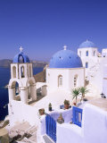 Domes and Bell Tower of Blue and White Christian Church  Oia  Santorini  Aegean Sea  Greece