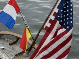 American Flag and Signal Flags Hanging from the Stern of a Sailboat  Mystic  Connecticut