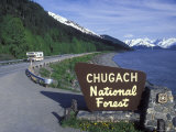 Chugach National Forest Sign and Scenic Landscape Along the Road  Alaska