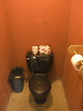 Black Public Toilet with Rolls of Toilet Paper and Garbage Can  Belize