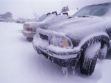 Blizzard Conditions at Ski Resort  Drifts and Ice on Cars  California