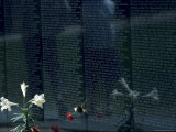 Flowers and Two People Reflected in the Vietnam Memorial  Washington  DC