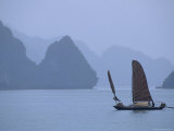 Sailboat on Misty Halong Bay